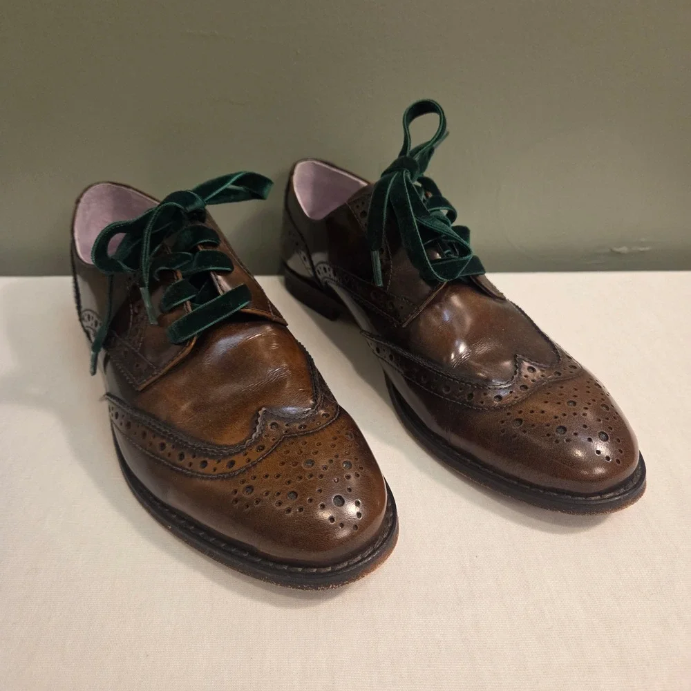 Johnston & Murphy Women's Brown Leather Wingtip Loafers Green‎ Velvet Laces